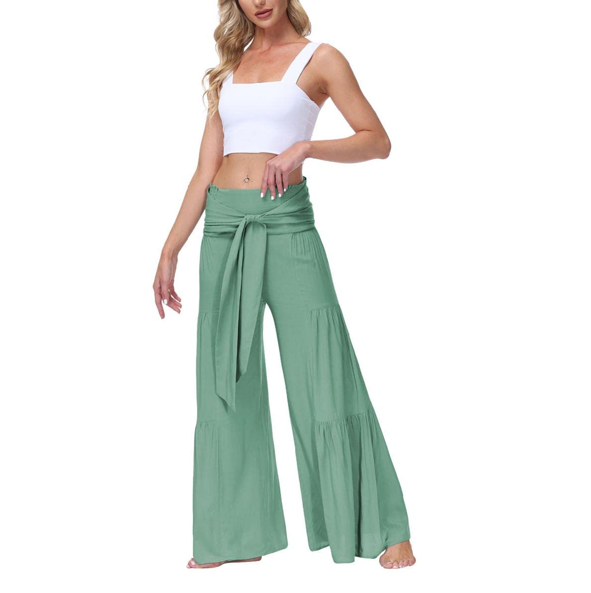 watersouprty Womens Casual Solid Color Wide Leg Pant High Waist Loose Long Trousers