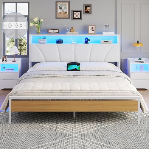 Brinlawb Letto Imbottito 160x200 cm, Struttura letto con Luce LED e Stazione di Ricarica (2 Prese CA 2 Porte USB) Letto Matrimoniale con testiera e pediera, Facile da montare, Moderno, Bianco
