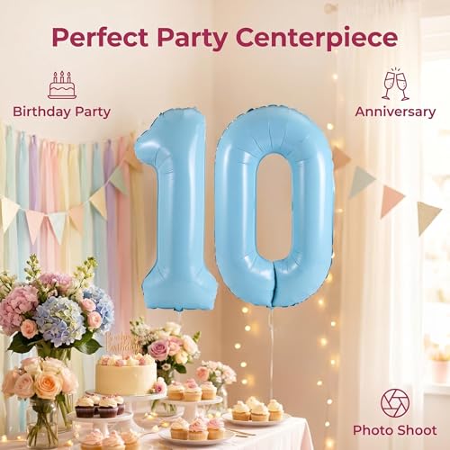 Image of Number 10 Balloon Foil Mylar Balloons for Birthday Party Decoration (Sky Blue, 32 Inch)