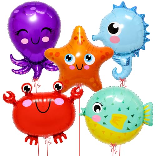Image of Rozi Decoration 5 Pcs Under The Sea Theme Foil Balloon for Birthday Decoration | Ocean Animals Foil Balloon with Octopus, Starfish, Crab, Seahorse & Puffer Fish | Mermaid Theme Birthday Decoration Kit