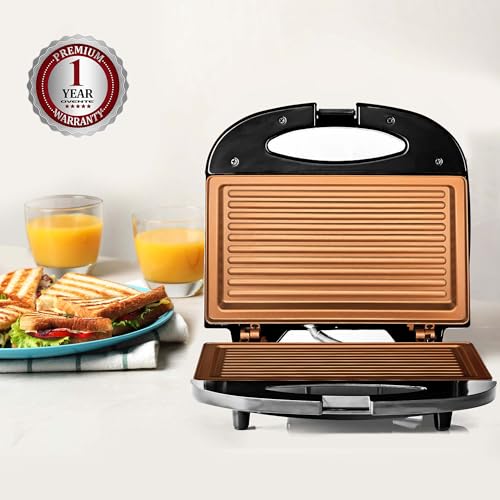 OVENTE Electric Panini Press Grill with Nonstick Plates, LED Indicator Lights, Thermostat Control, Compact Sandwich Maker Perfect for Cooking Breakfast, Steaks, Eggs Snacks & More, Copper GP0110CO