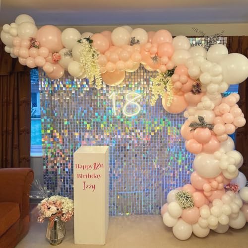 Image of Shimmer Wall Backdrop Silver Iridescent 7FTx7FT Square Sequin Wall Panel Backdrop Decor for Wedding Anniversary Birthday Party, 49 Panels