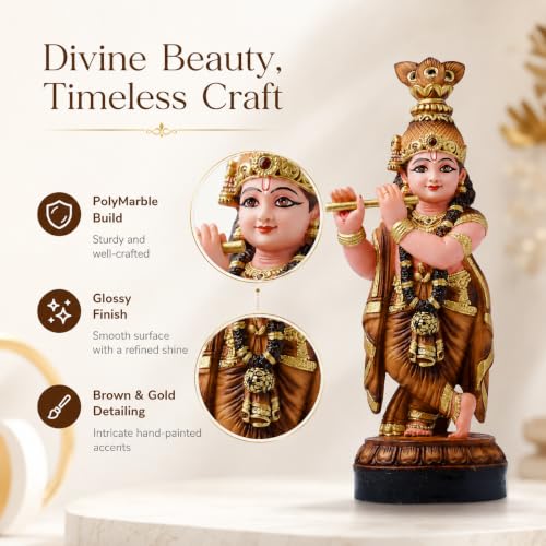 Image of Krishna Statue for Home Decoration House Warming Gift | Lord Krishna murti idol home decoration item showpiece for living room (polymarble,34*13*10)