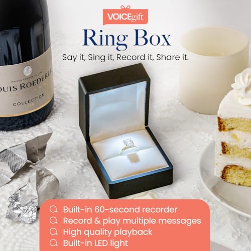 VOICEGIFT Ringbox mit Sprachrekorder – nimmt mehrere Nachrichten bis zu 60 Sekunden auf – Ringbox mit Licht für besondere Anlässe (schwarz)