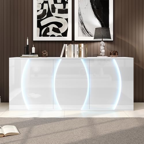 ECLIVON Aparador Armario de Cocina con Iluminación LED para Salon Comedor, Aparador de Salón con 3 Puertas, Armario Auxiliar Comedor con Espacio de Almacenamiento, Buffet Mueble, 140x70x40 cm, Blanco
