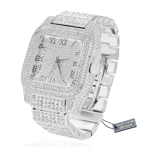 HALUKAKAH Montre Diamant Moissanite pour Hommes - Plaqué Or Blanc Platine,Imperméable Base,Cadran Carré à Chiffres Romains,200G Fabrication Lourde,3...