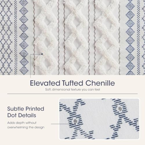 Image of INK+IVY Imani Tufted Chenille 100% Cotton Shower Curtain Boho Bath Curtains for Bathroom, Colorful Stripes Modern Farmhouse Shower Curtain,Bathtub Privacy Screen,Machine Washable 72 inch x 84 inch, White /Navy