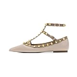 Women's Closed Pointed Toe Studs T-Strap Flat Shoes Fashion Adjustable Ankle Strap Rivet Gladiator Flats Dress Shoes for Work Party