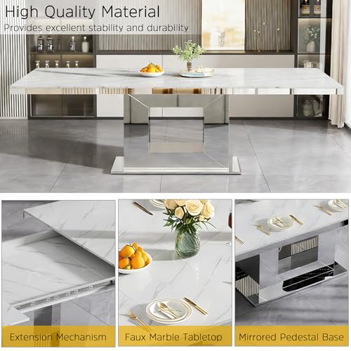 Image of Modern Extendable Dining Table Set for 6, Faux Marble Expandable Table with 6 Black Velvet Chairs & Silver Mirrored Pedestal Base, 63 inch to 94 inch 3-Position Expansion, 7 Piece Luxury Dining Room Table Set