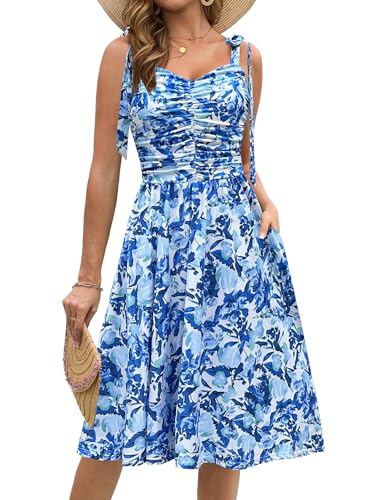 Image of Kranda Women 2026 Summer Casual Spaghetti Strap Sundress V Neck Sleeveless Flowy Boho Floral Midi Dress with Pockets