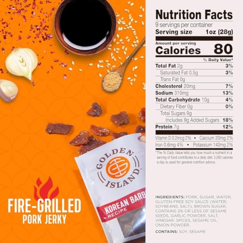 Image of Golden Island Korean BBQ Pork Jerky - (2 Pack) 9 oz Resealable Bag - Fire-Grilled Specialty Meat Snack - Sweet & Savory Protein Snack - 7g Protein per Serving - Made with 100% All-Natural Pork