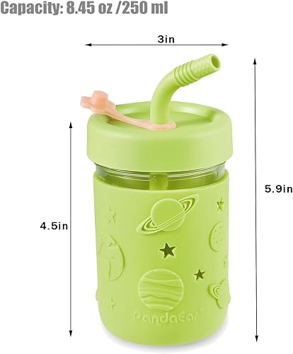 Miniatura 3 de PandaEar Vasos de vidrio para niños y niños pequeños, paquete de 4 vasos de vidrio Mason de 8.45 onzas con fundas y pajitas de silicona, vasos para