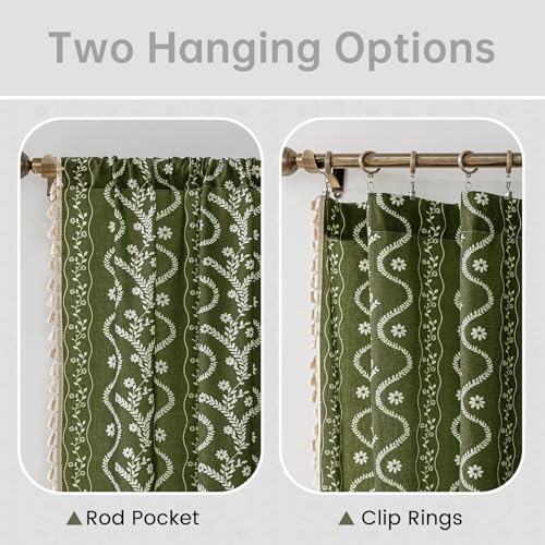 Image of Olive Green Floral Curtains 90 Inch Long for Living Room, Bedroom, 2 Panels Boho Farmhouse Vintage Tassel Semi Sheer Privacy Window Curtains Drapes with Rod Pocket