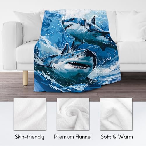 Shark Blanket - 60x80 Inches Cute Throw Blanket for Boys - Blue Soft Fuzzy Blankets for Bed, Couch & Living Room
