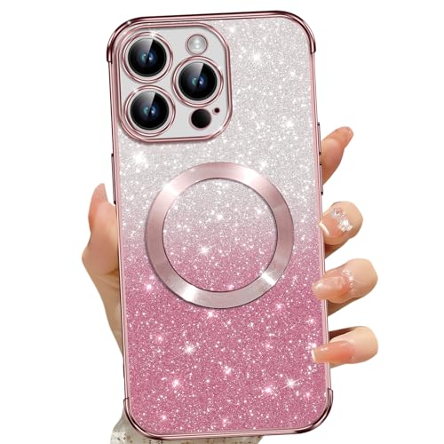 Cover Magnetica per iPhone 13 Pro Glitter Custodia Compatibile con MagSafe Anti Graffi Non Ingiallente Protezione Completa Case 13 Pro con 2 Vetro Temperato rosa