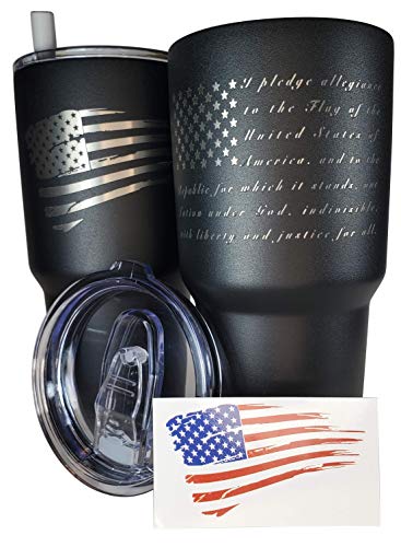 30oz Pledge of Allegiance Tumbler - American Flag Tumbler Travel Mug - Patriotic Coffee Travel Mug - Double Insulated - Engraved in the USA - with Silicone Straw and USA Sticker Pledge of Allegiance