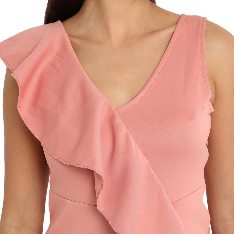 Image of Campus Sutra Women's Salmon Pink Asymmetrical Ruffle Dress for Casual Wear | V Neck | Sleeveless | Mini Length | Polyester Dress Crafted with Comfort Fit for Everyday Wear