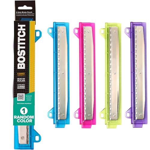 Bostitch Office Perforatrice 3 trous pour reliure 5 feuilles couleurs variées