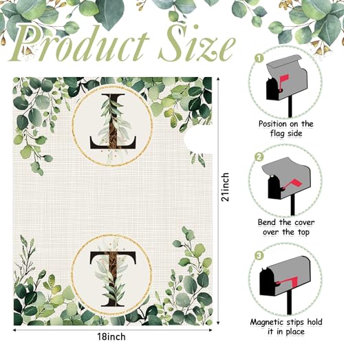 Image of Tiamon Monogrammed T Mailbox Covers Magnetic Eucalyptus Welcome Letter Box Wrap Standard Size 21x18 Inch Spring Summer Leaves Mailbox Decor Eucalyptus Letter Numbers Decoration for Outdoor Garden Yard