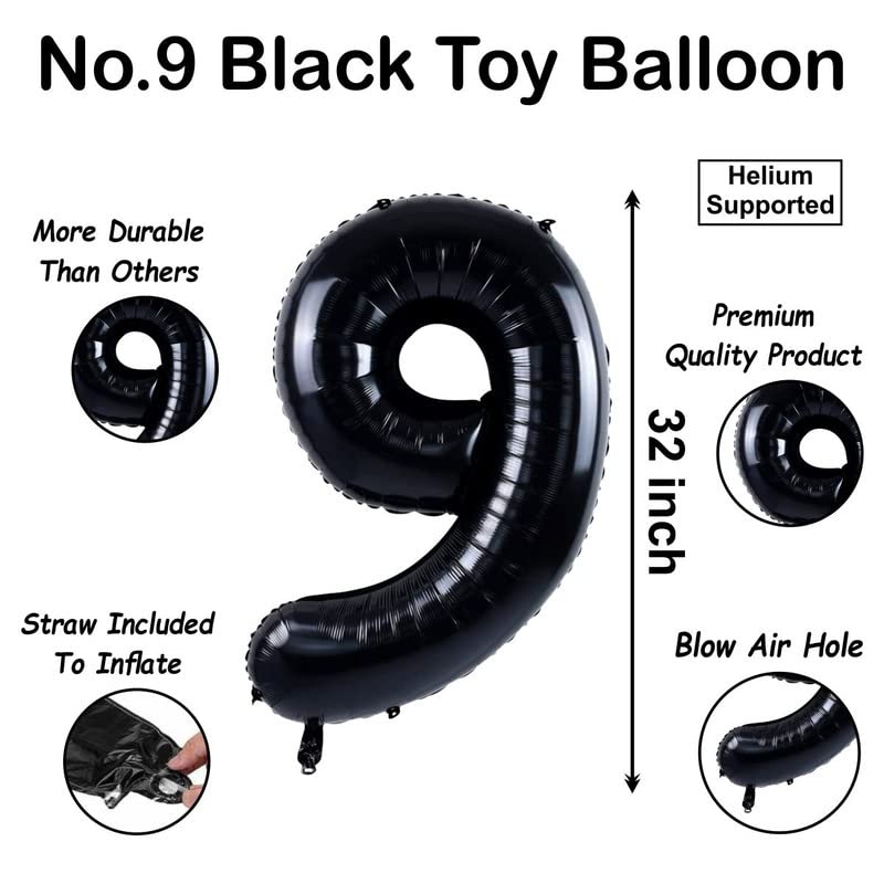 Image of Black 32 Inches Numbers 9 Shape Large Big Foil Helium Balloons For Party Decorations In Happy Birthday Anniversary Office Items Materials Set Pack,1 Piece