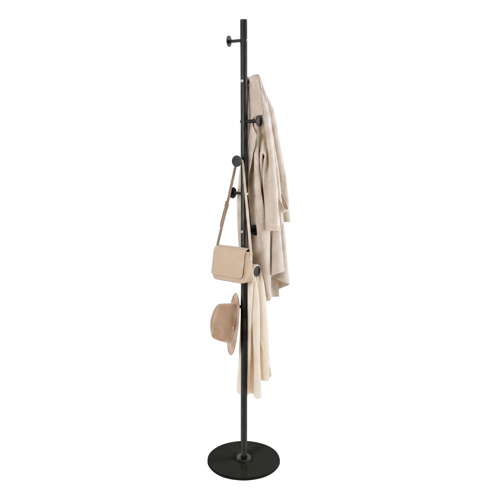 GREENSAPPIRE Coat Rack Stand, Coat Tree, Metal Hall Tree, Free Standing with Marble Base 29.5 x 172 cm, 8 Hooks, for Clothes, Hats, Bags, Black Entryway, Bedroom, Office (Black)