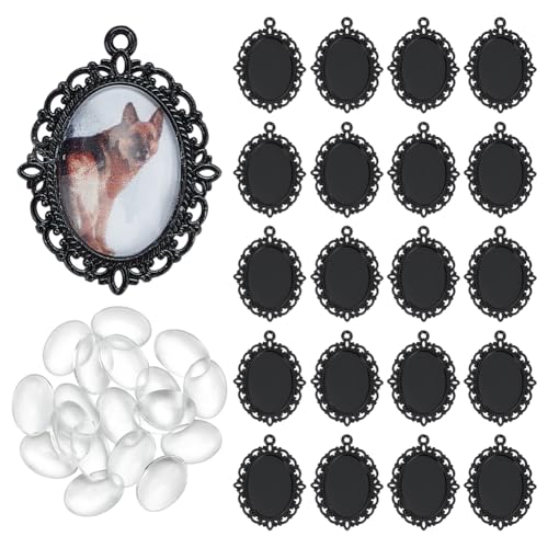 PH PandaHall Pendant Bezel Settings Kit 30pcs Oval Pendant Tray Blank 30pcs 25x18mm Glass Clear Cabochon Dome Memorial Photo Pendants for Necklace Wedding Bouquet Graduation Photo Charm Black