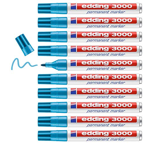 edding 3000 marcador permanente - azul claro - 10 rotuladores - punta redonda 1,5-3 mm - indeleble de secado rápido - resistente al agua y a los borrones - cartón, plástico, madera, metal - universal