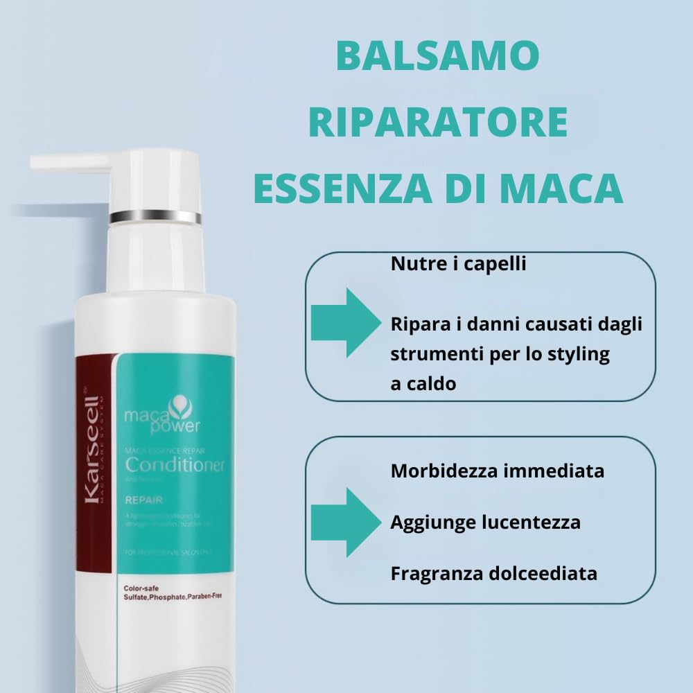 Karseell MACA CARE SYSTEM Set Maschera al Collagene 100ml + Shampoo Volumizzante 200ml + Balsamo Riparatore 200ml Idratazione Volume Riparazione Lucentezza Morbidezza Capelli Secchi e Danneggiati