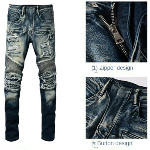 Jeans Pants Trousers Denim Men Stretch Slim Fit Street Trendy Piercing Retro Washed Blue Grinding Fading Personalized Wrinkle Casual Small Foot(Blue,33)3