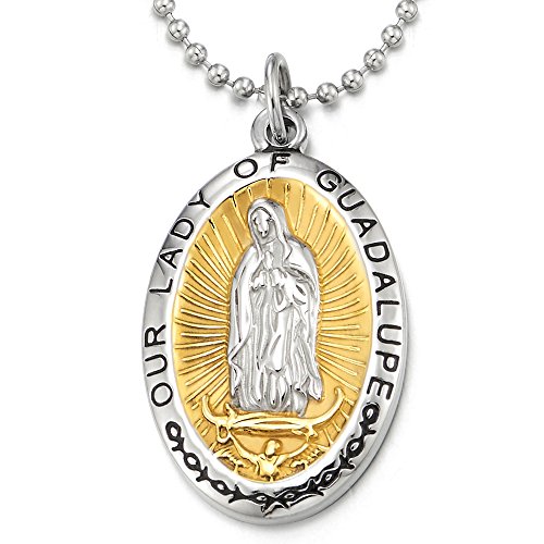 COOLSTEELANDBEYOND Plata Oro Nuestra Señora de Guadalupe Medalla Milagrosa, Collar con Colgante de Hombre Mujer, Acero Inoxidable