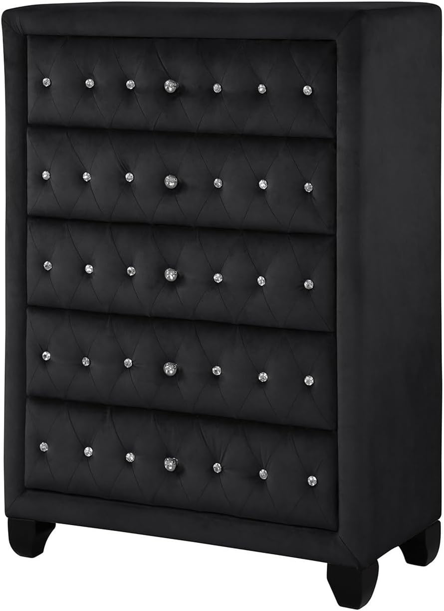 Modern Style Crystal Tufted Upholstered 5 Drawer Chest of Drawers with Velvet Fabric