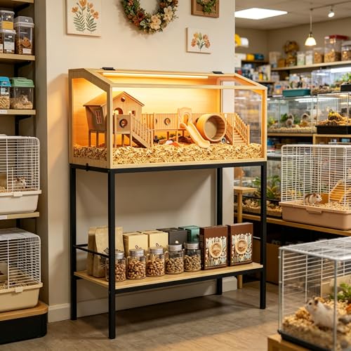 Vilanpaw Hamster Cage: Wooden Small Animal Cage with Warm Light and Storage Shelf - 32” Large...