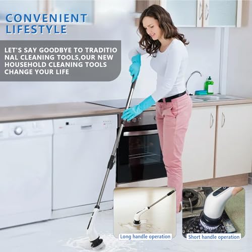 Image of 2025Upgraded Electric Spin Scrubber, IPX7 Bathroom Scrubber with 9 Replaceable Brush Heads & Retractable Handle, 2-Speed Adjustable Spin Scrubber for Bathroom, Bathtub, Kitchen, Tile Floors