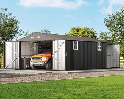 Jocisland 13.2x20.7x8 FT Heavy Duty Metal Carport, Enclosed Car Carport with 2 Lockable Doors & 4 Windows, All-Weather Car Shelter for Trucks, Boats, Equipment Storage, Dark Gray