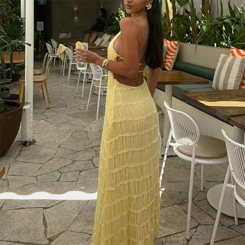 Image of Women Halter Ruched Maxi Dress Backless Sleeveless Long Dress Bodycon See Througn Pleated Sundress Beachwear