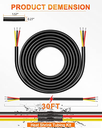 NAOEVO 10 Gauge Wire 3 Conductor Electrical Wire, 10 AWG Stranded PVC Cord, 12V Low Voltage/Tinned Copper/Flexible Cable for Automotive Wiring, Lamp Cord, Marine Cable (30FT)