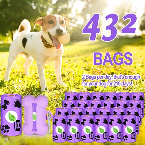 KDISHKRA Hundekotbeutel Kotbeutel für Hunde 432 Stück/24 Rollen, Auslaufsicher und Tragbar Dog Poop Bags mit Spender und Griff, Hundetüten mit Duft für Drinnen und Draußen Lila Groß (34 * 14cm)