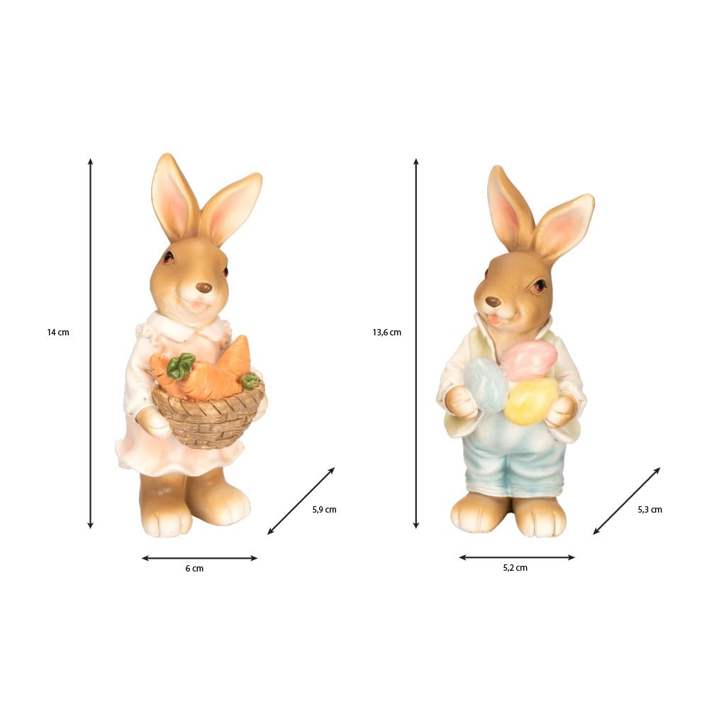 Ideen mit Herz Dekoracyjne figurki para zajączków | 2 figurki zajączków z marchewką i jajkami wielkanocnymi | dekoracja wielkanocna | wysokość ok. 14 cm (wzór 2)