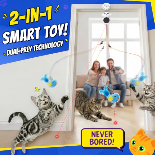 Image of Interactive Cat Toys for Indoor Cats - Automatic Laser Cat Toys, Flying Bird Feather Cat Wand Toy, Best Kitten & Adult Cat Enrichment Stimulation Toy Hanging Electric Kitty Toys for Bored Cats (Beige)