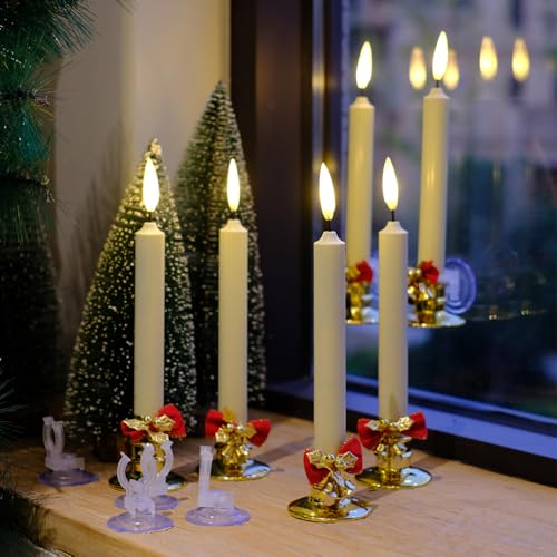 Image of NONNO & ZGF 6 Pack Flameless 8.7'' Window Candles +12 AA Batteries(Include) +6 Red Bows(with Bells) +6 Suction Cups+6 Golden Candleholders. Battery Powered Ivory Taper Candle with Remote and Timer