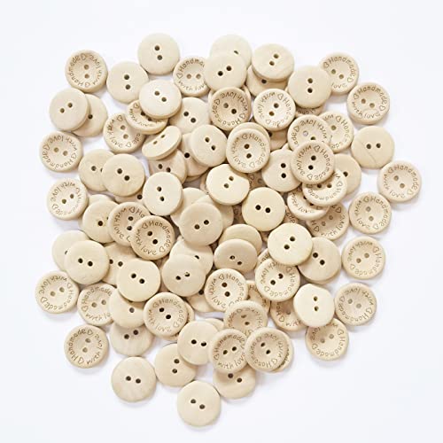 RUIYWEN 100 Botones de Madera Handmade with Love Botones Redondos 2 Agujeros para Costura Tejido Cardigans para Bebé y Niños para DIY Manualidades (20mm) Cover