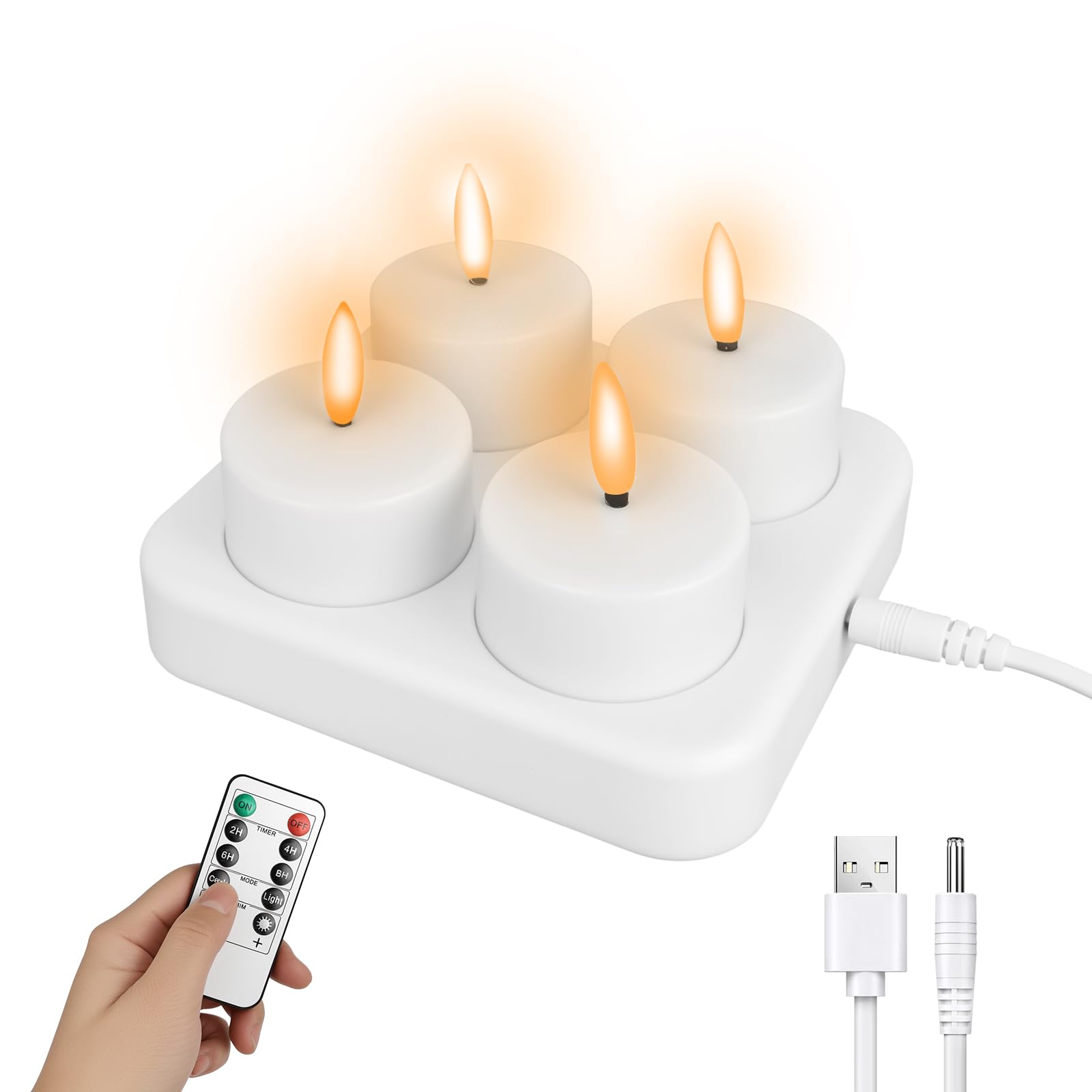 YHNDECO Rechargeable Tea Lights, 4pcs LED Tea Lights with Remote Timer, Battery Tealights with Charging Base, Rechargeable Tealight Candles for Wedding, Halloween, Christmas Decorations