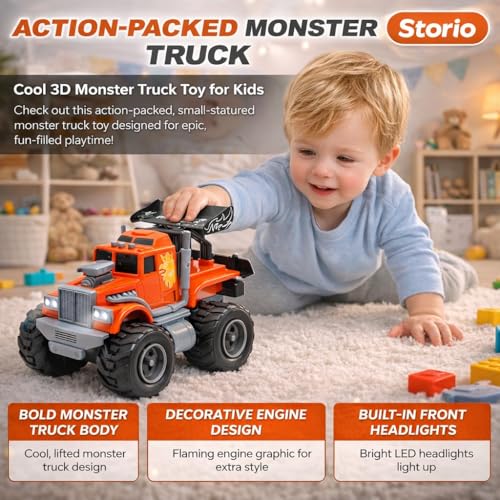 Image of Storio Monster Truck City Service Friction Car Toy | Push & Go Monster Truck with Lights & Sounds | Battery-Free Toy Vehicle for Kids Boys & Girls | Random Colour