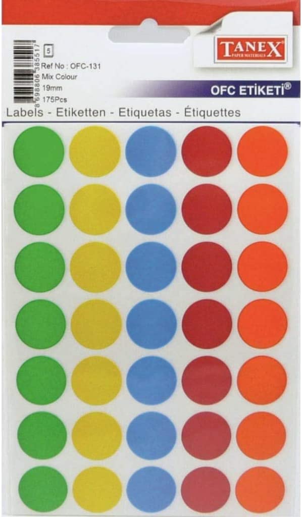 Tanex Round Adhesive Labels 19mm 35 Labels X5 Sheets Assorted Colours