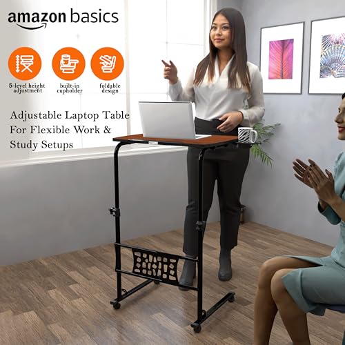 Image of Amazon Basics | Ergo Rise | Sit & Stand | Height Adjustable Laptop Table with Lockable Wheels | Rustic Amber