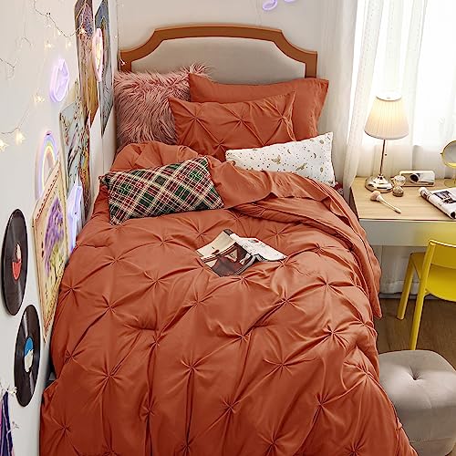Image of Bedsure Twin Comforter Sets Burnt Orange - Bed in a Bag Twin Size Bedding 5 Pieces, GentleSoft Pintuck Bed Set Gift for Family, All Season Down Alternative Comforter with Sheets, Pillowcase & Sham