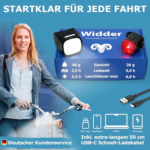 WIDDER Fahrradlicht Vorne & Hinten als Set [Sehr Hell 90 Lum LED] - Fahrrad Licht USB C Aufladbar - Fahrradlichterset Front & Rücklicht StVZO Zugelassen - Fahrradbeleuchtung Rennrad MTB Kinderfahrrad