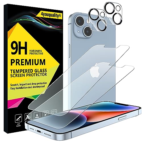 4youquality [4-in-1 Screen Protector for iPhone 14 Plus with Camera Lens Protector Tempered Glass Film 2-Pack Each [LifetimeSupport][Impact-Resistant][Anti-Scratch][Ultra-Transparent]