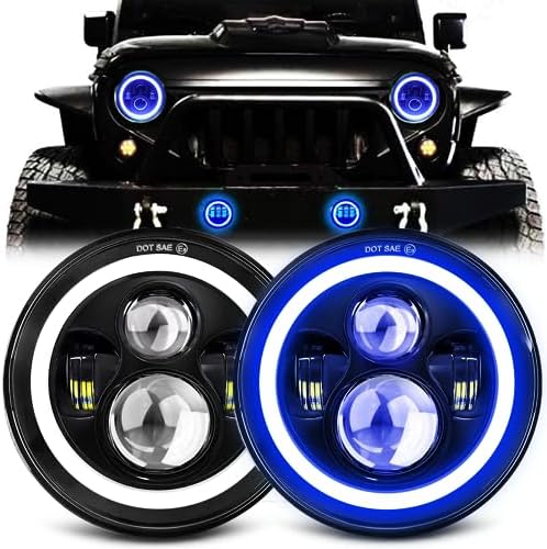 MGLLIGHT 7 Inch LED Headlights with Blue Halo Ring Amber Turn Signal Wrangler Headlights High/Low Sealed Beam Projector Compatible with JK LJ CJ TJ H6024 LED Headlamps, 2PCS Blue