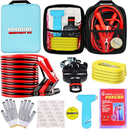 YILAIRIOU Car Emergency Roadside Tool Kit, Auto Emergency Kits Vehicles, with Jumper Cables kit，Car Safety Roadside Assistance Kit,Headlamp,Tow Straps,Safety Hammers,Rainwear,Gloves.Sky Blue